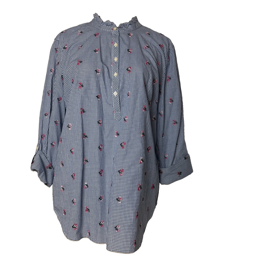 Talbots Shirt Womens L Blue Gingham Embroidered Floral Long Sleeve roll tab Top